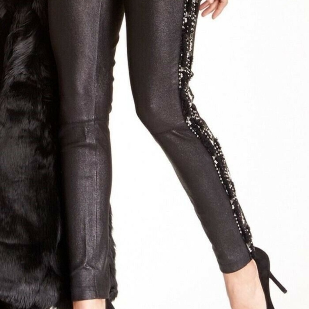 Alice + Olivia Embellished Black Genuine Leather Tuxedo Leggings Size 10